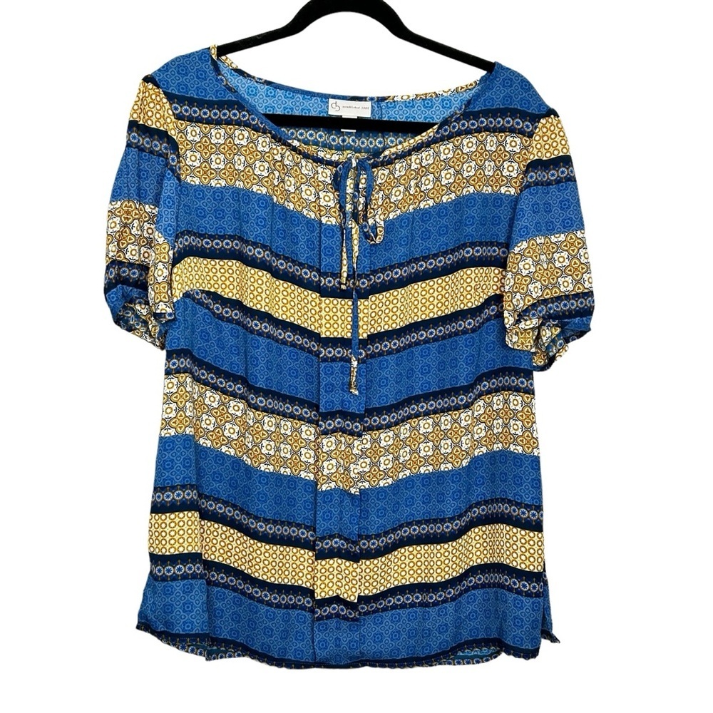 6.DB  Blue/White/Gold Striped Puff Short Sleeve Tie Neck Pullover Blouse Sz 1x
